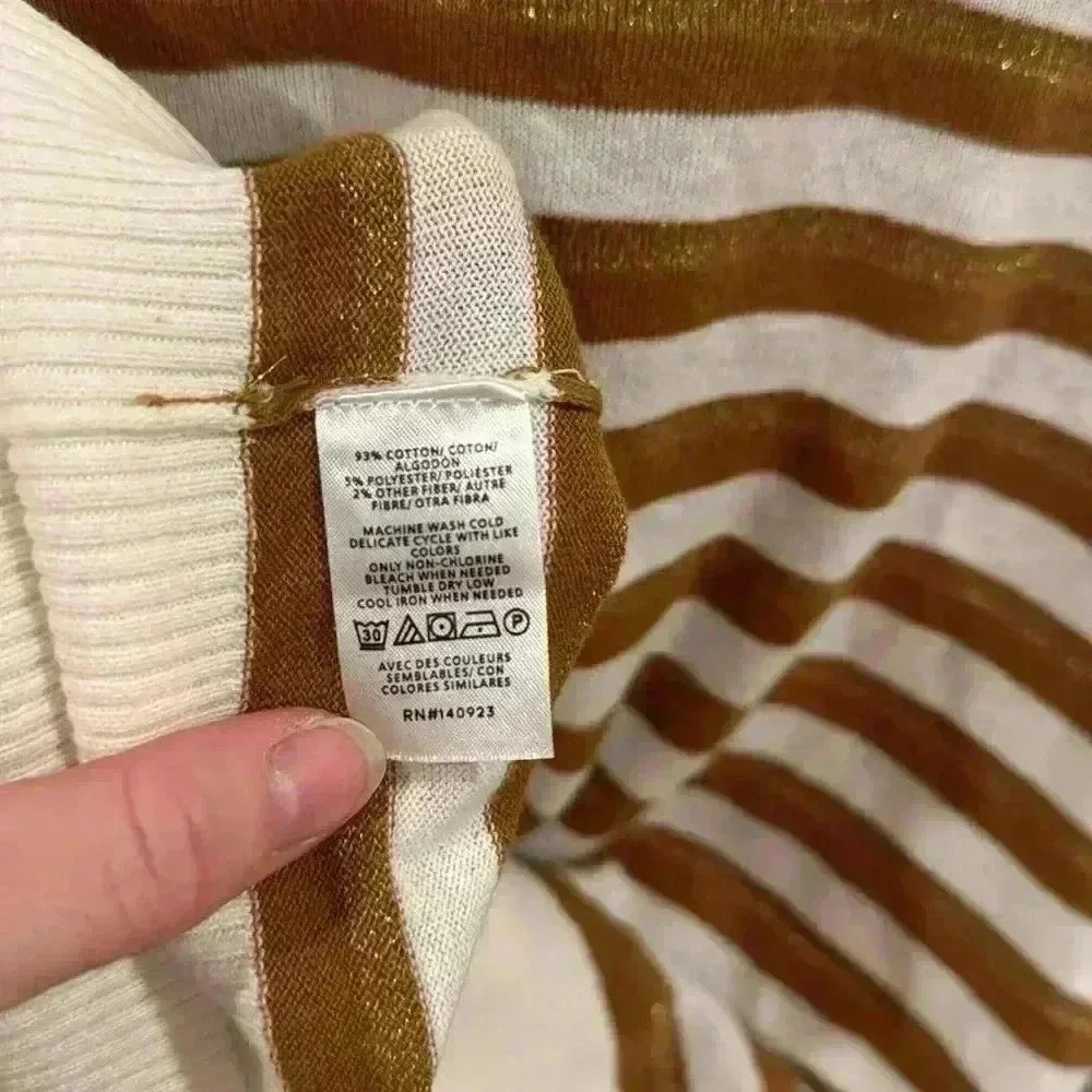 Loft Women’s Striped Puff Sleeve Knit Crewneck Sweater Pullover Tan White Size S - Picture 7 of 7